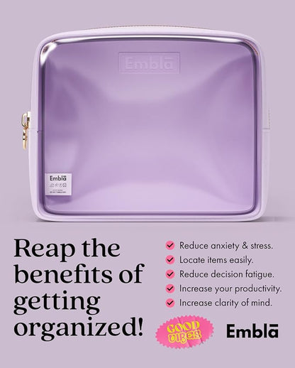 Embla London Makeup Bag Cosmetic Case, Clear Zipper Make Up Pouch and Toiletry Travel Tote, Cute Skincare Pouches for Women Girls, Preppy Purse Cosmetic Organizer, Large Makeup Bags, Lilac