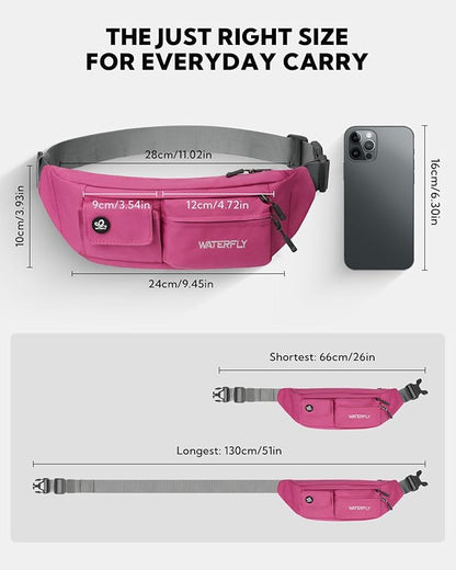 WATERFLY Small Crossbody Fanny Pack: 5 Pocket Slim Lightweight Waist Belt Hip Bag for Women Men Water Resistant Chest Pouch for Travel Hiking Running Walking Fit All Phones - Pink