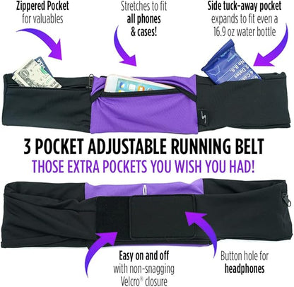 3 Pocket Adjustable Running Belt Waist Pack, Fanny Pack For Working Out With Sweat Resistant Backing, Holds All iPhone Models (Tie Dye/Black, Large/XL)