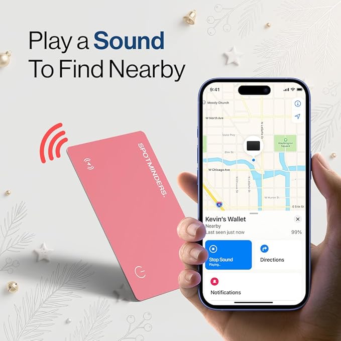 SPOTMINDERS Apple MFi Certified Wallet Tracker for Christmas Stocking Stuffers - Gifts for Women Works With Apple Find My IP68 Rechargeable Slim Tracking Card for iOS - White Elephant Gifts for Adults