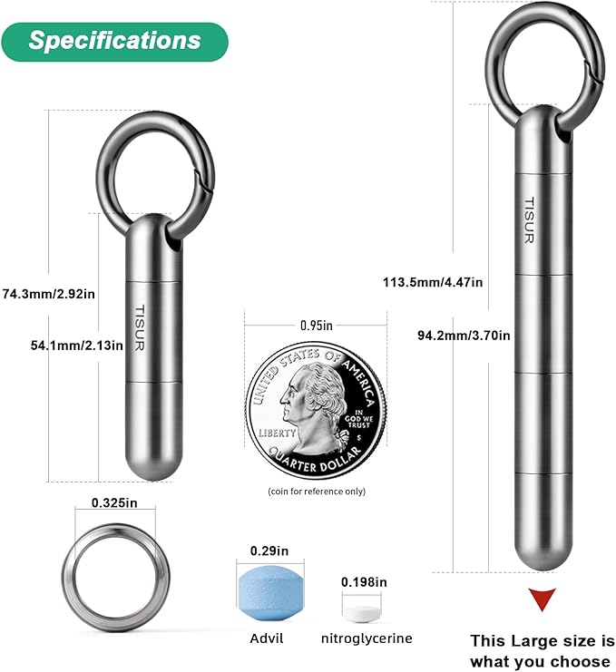 TISUR Large Keychain Pill Holder, Titanium Pill Case Waterproof Pill Fob for Travel Purse Pocket,Pill Organize