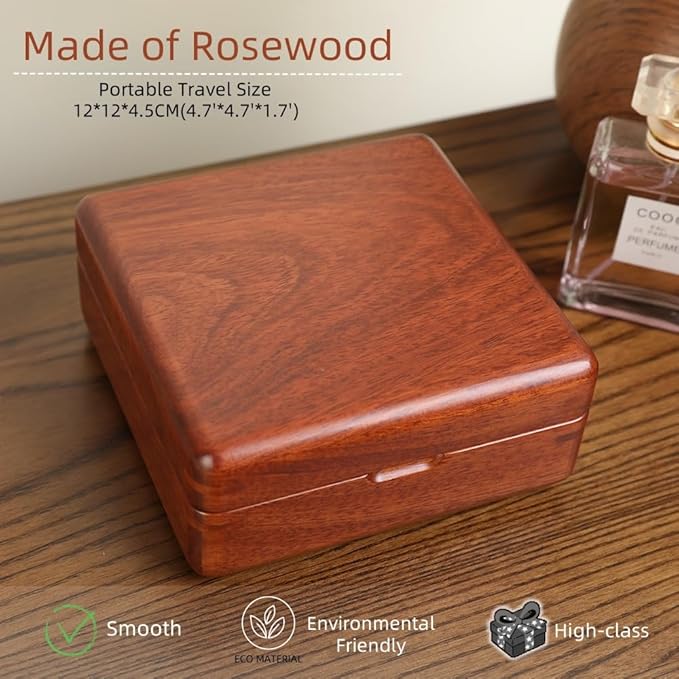 Rosewood Cufflink Organizer Storage Box No-Veneer Solid Wood Craftsmanship Hold 12 Cufflinks Rings Earrings Smooth Surface Soft Coral Fleece Lining Compact for Travel Gift Jewelry Enthusiasts
