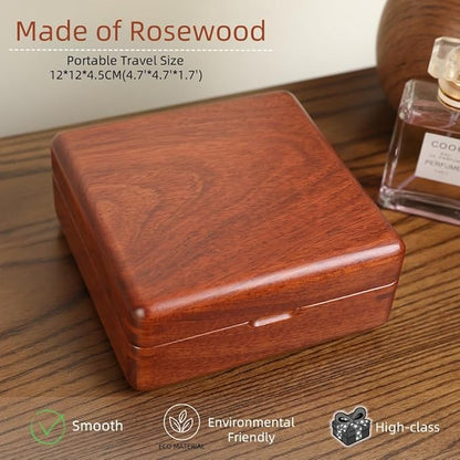 Rosewood Cufflink Organizer Storage Box No-Veneer Solid Wood Craftsmanship Hold 12 Cufflinks Rings Earrings Smooth Surface Soft Coral Fleece Lining Compact for Travel Gift Jewelry Enthusiasts