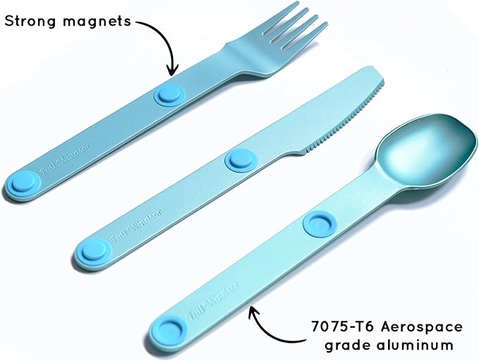 FULL WINDSOR – MAGWARE- Magnetic Camping Cutlery Set- Travel Silverware with case, Kids Lunch Box Set, Outdoor Flatware Utensils, Portable Repurposable Essentials Knife, Fork & Spoon- Turquoise (3PCS)