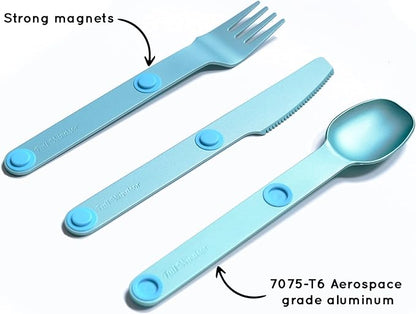FULL WINDSOR – MAGWARE- Magnetic Camping Cutlery Set- Travel Silverware with case, Kids Lunch Box Set, Outdoor Flatware Utensils, Portable Repurposable Essentials Knife, Fork & Spoon- Turquoise (3PCS)
