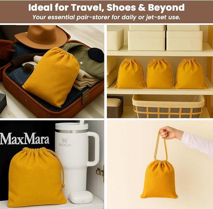 LFH Cotton Rich Shoe Storage Bags with Drawstring, Dustproof Breathable Reusable Organizer, Perfect For Travel, Dorm, Hotel, College, Gym, Easy to Carry, Machine Washable 12"x17" (Pack of 4) - Golden