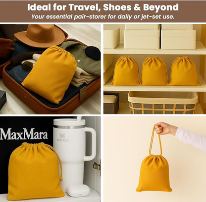 LFH Cotton Rich Shoe Storage Bags with Drawstring, Dustproof Breathable Reusable Organizer, Perfect For Travel, Dorm, Hotel, College, Gym, Easy to Carry, Machine Washable 8"x17" (Pack of 2) - Golden