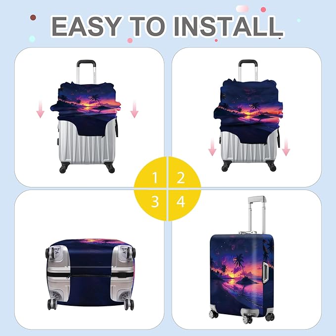 ANNA QUEEN Tropical Sunset Luggage Cover, Vibrant Palm Tree & Sunset Design, Stretchable, Washable Travel Sleeve for 20-34 Inch Suitcases