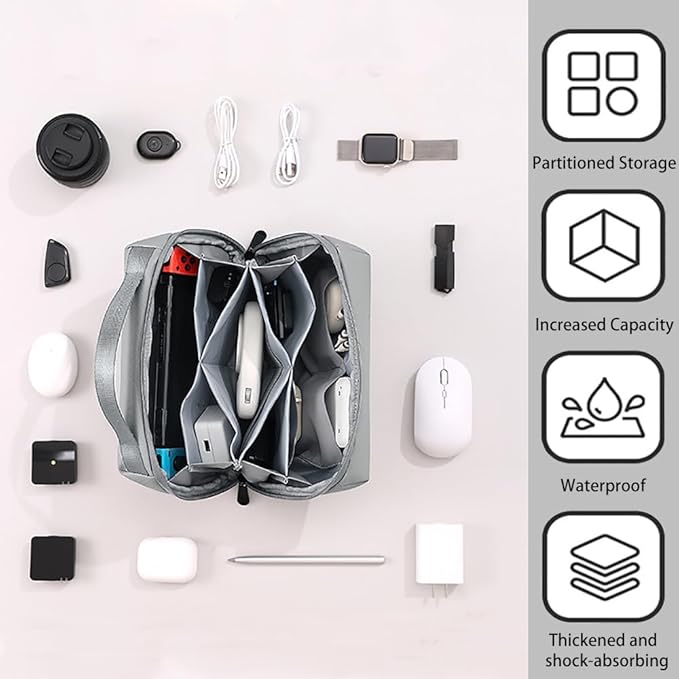 Electronic Organizer Accessory Cable Organiser Bag Water-Resistant Travel Essentials Tech Pouch for Charger, Cables, Hard Drive, Power Bank, Memory Card (Grey)