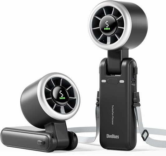 Diveblues Portable Handheld Turbo Fan, 5 Gear Wind, Battery Operated, Up to 12 Working Hours, 3 IN 1 Hand Fan with Air Turbo Tech Cooling Fan for Outdoor Activities, Travel, Working, Obsidian black