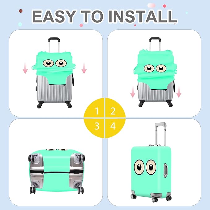 ANNA QUEEN Funny Cartoon Eyes Luggage Cover, Mint Suitcase Protector with Cute Big Eyes Design, Travel Suitcase Cover for 32-34 Inch Luggage, Stretchable & Washable Spandex Travel Accessories