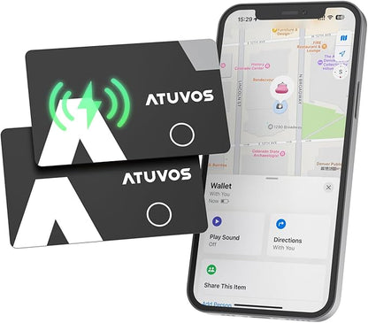 [Apple MFi Certified] ATUVOS Rechargeable Wallet Card, Ultra-Thin 1.6mm Blueooth Air Tag Tracker Works with Apple Find My (iOS Only), Item Locator for Passport, Luggage, IP67 Waterproof, 2 Pack