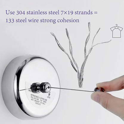 Clothes Line Retractable Clothesline of 304 Stainless Steel with Heavy Duty Adjustable Stainless Steel Wire Rope Retracting Clothes line Polished Chrome Finished