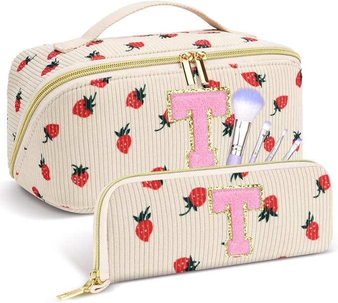 Personalized Travel Makeup Bag Set,Initial Travel Strawberry Makeup Organizer Bag,Toiletry Skincare Cosmetic Bag,Christmas Gifts for Women/Girls,Open Flat Toiletry Pouch with Brush Pocket-T