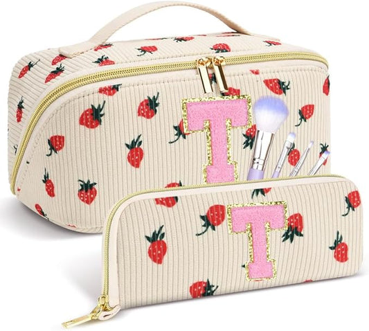 Personalized Travel Makeup Bag Set,Initial Travel Strawberry Makeup Organizer Bag,Toiletry Skincare Cosmetic Bag,Christmas Gifts for Women/Girls,Open Flat Toiletry Pouch with Brush Pocket-T