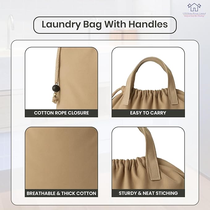 LFH Home Large Premium Cotton Canvas Laundry Bag with Drawstring and Handles Heavy Duty, Multi-Use, and Washable for Home, Travel, College or Storage 28x36 (Pack of 4)-Beige