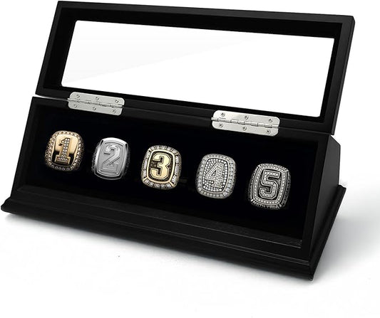 CHEZ MONETT 3-Slot Championship Ring Display Case – Sports Ring Holder Box (Matt Black, 5)