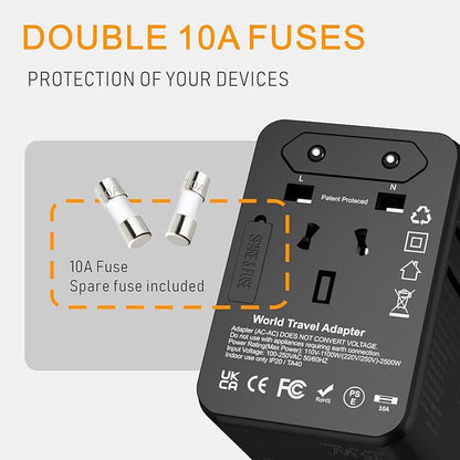 Universal Travel Adapter Worldwide- 35W GaN III/PD Fast Charge European Travel Plug Adapter with 3 USB-C& 2 USB-A Ports, International Power Adapter for US to Europe UK AUS Japan(Type C/G/A/I) (black)