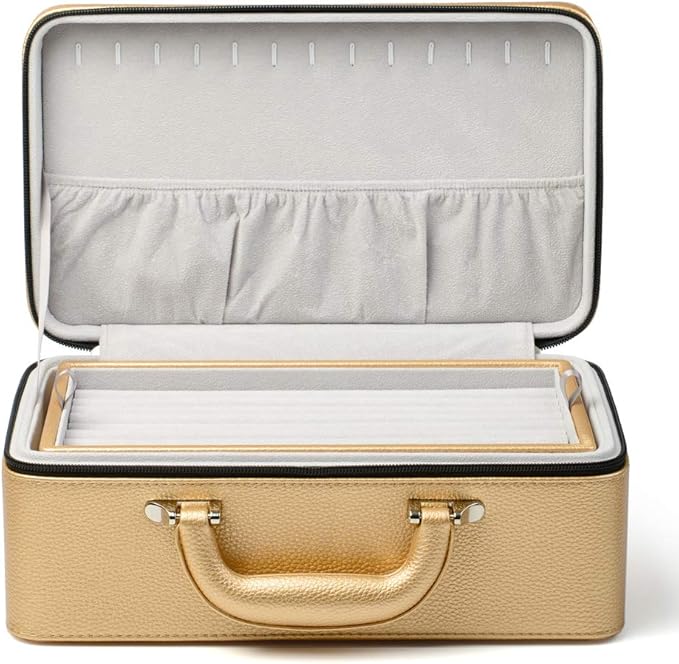 Oirlv Gold Leather Jewelry Box Handmade Travel Jewelry Organizer Storage Case Holder For Girl Lady Earring,Ring,Necklace,Pendant,Watch,Bracelet.(3 layers)