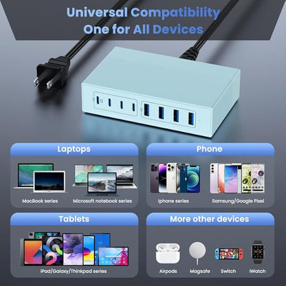 200W USB C Charger Block, 8-in-1 GaN III USB C Fast Charging Station Hub, PD 65W Laptop Charger Adapter Travel Charger, for MacBook Pro/Air/Dell XPS/iPhone 16/15/14/iPad/Galaxy S24-Light Blue