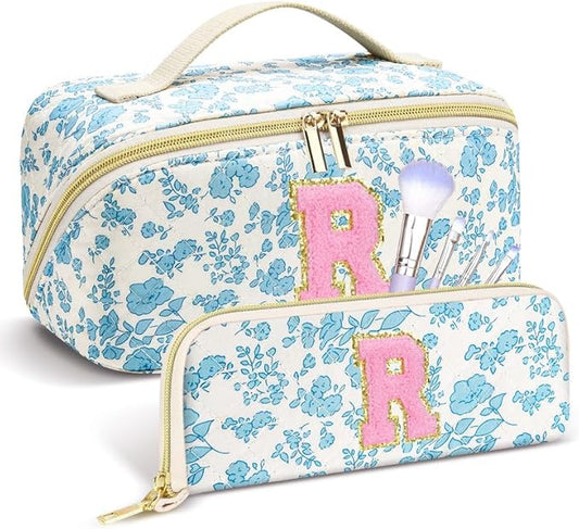 Personalized Travel Makeup Bag Set,Initial Travel Cute Floral Makeup Organizer Bag,Toiletry Skincare Cosmetic Bag,Christmas Gifts for Women/Girls,Open Flat Toiletry Pouch with Brush Pocket-R
