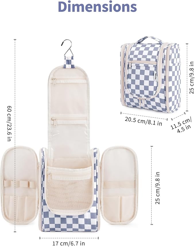 Narwey Small Checkered Hanging Travel Toiletry Bag for Women, Travel Bag for Toiletries, Makeup Bag Organizer Cosmetic Bags Make Up Bags for Women (Grayish Blue Checkerboard)
