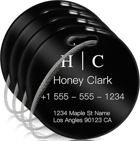 Stainless Luggage Tags for Suitcases 4 Pack: Metal Personalized Luggage Tags for Backpacks & Bags with Customizable Texts (Black)