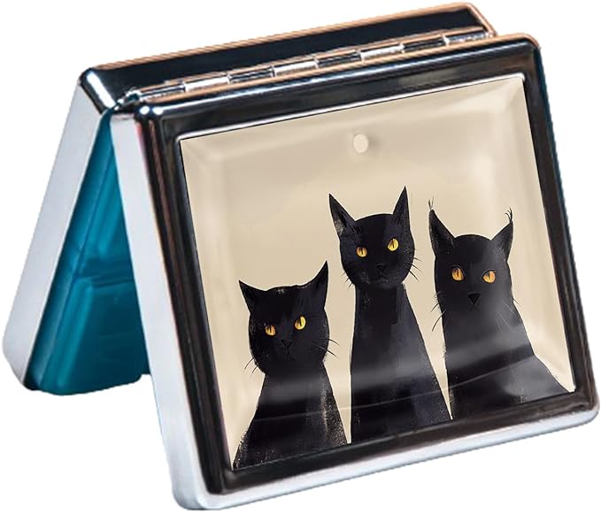 7 Days Chromed Shiny Silver Pill Organizer with Mirror Inside Has 8 Separate Compartments Rectangle Cute Travel Pill Organizer for Purse 7 Days (Three Cats)