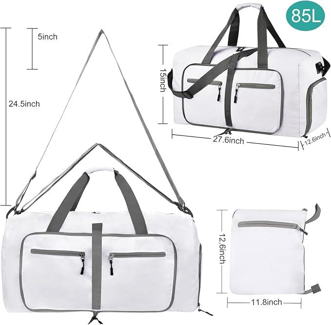 Dimayar 85L Travel Duffle Bag for Men Women - Foldable Duffel Bag with Shoes Compartment - Overnight Bags Waterproof & Tear Resistant(White)