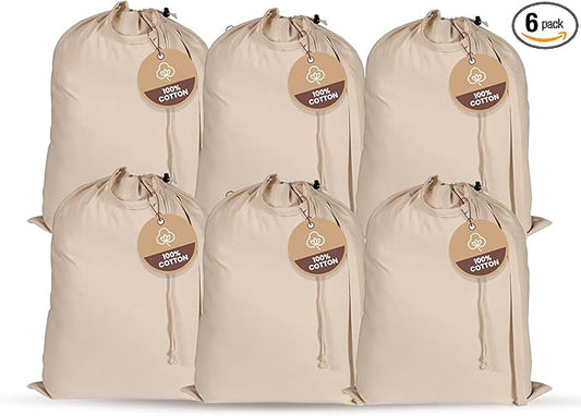 LFH Home Large Premium 100% Cotton Canvas Laundry Bag with Drawstring and Handles Heavy Duty, Multi-Use, and Washable for Home, Travel, College or Storage 20x30 (Pack of 6)-Natural