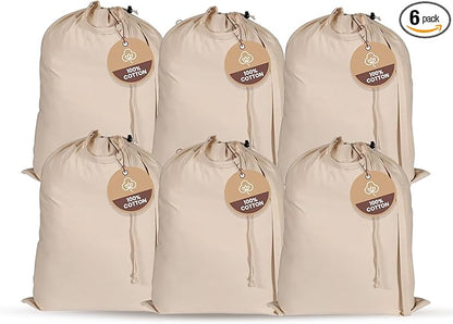 LFH Home Large Premium 100% Cotton Canvas Laundry Bag with Drawstring and Handles Heavy Duty, Multi-Use, and Washable for Home, Travel, College or Storage 28x40 (Pack of 6)-Natural