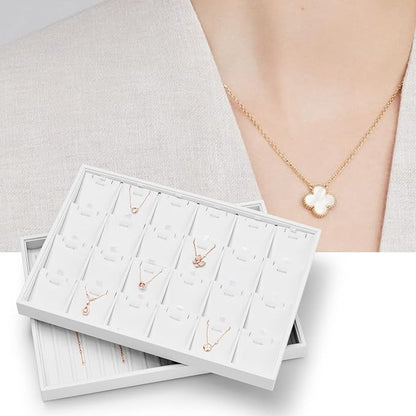 Oirlv Premium White Leather Stackable Jewelry Tray 24 Grid Jewelry Organizer Tray with Removable Inserts Cards Necklace Display Holder