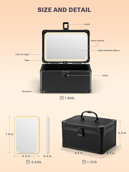 Qislee Makeup Box Mini with A Detachable Lighted Mirror, Waterproof Small Makeup Case,Cosmetic Organizer and Travel Train Case with Magnetic LED Mirror(Black)