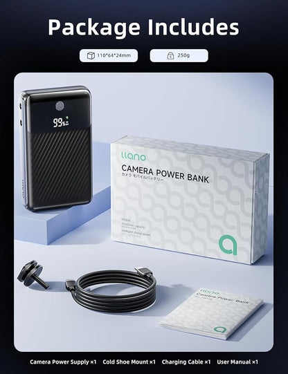 llano 10200mAh Camera Portable Charger, 30W PD Fast Charging, Compatible with Sony, Canon, Nikon, Fujifilm, GoPro, DJI Osmo, Insta360, Akaso, 4-Port DC 8V/12V & USB-C/USB-A Power Bank