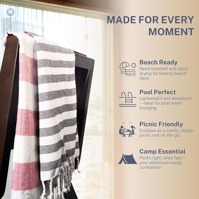 Cotton Turkish Beach Towel with Towels Oversized 36"x72" Pool Absorbent Extra Large Quick Dry Sand Travel Towel (Brick Noir, 4 Pack)