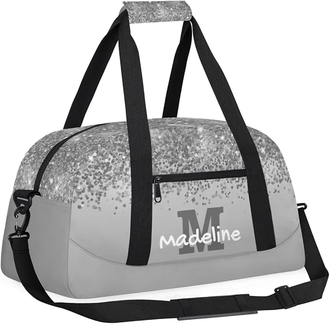 Personalized Kids Sports Duffel Bag with Name Custom Weekender Overnight Bag for Boys Girls Gym Bag Travel Dance Gymnastics Duffel Bag, Gray Glitter