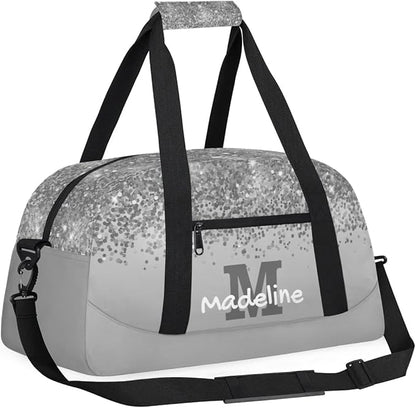 Personalized Kids Sports Duffel Bag with Name Custom Weekender Overnight Bag for Boys Girls Gym Bag Travel Dance Gymnastics Duffel Bag, Gray Glitter