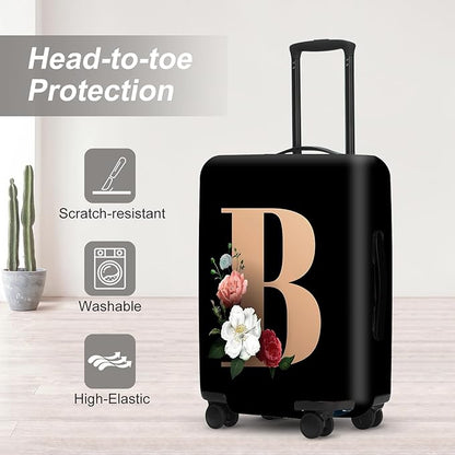 Floral B lphabet Luggage Cover Set, Vintage Letter Print Waterproof Suitcase Protector, Travel Accessories for Women Men