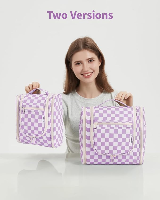 Narwey Small Checkered Hanging Travel Toiletry Bag for Women, Travel Bag for Toiletries, Makeup Bag Organizer Cosmetic Bags Make Up Bags for Women (Purple Checkerboard)