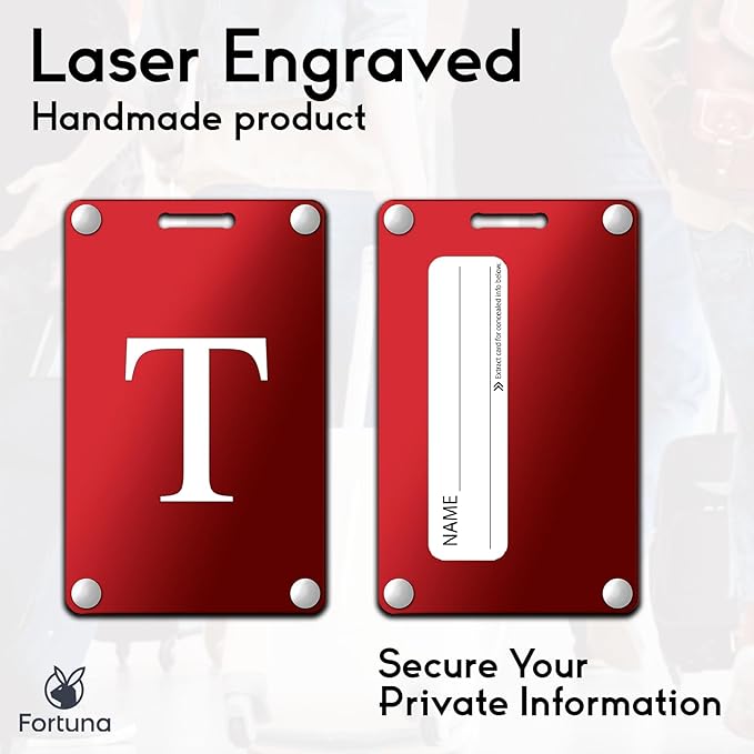 Premium 3-Layer Aluminum Luggage Tags by Fortuna - Easy to Claim, Laser-Engraved, Plastic-Free, and Eco-Friendly Luggage Tag Holders, 2-Pack, Red (T)