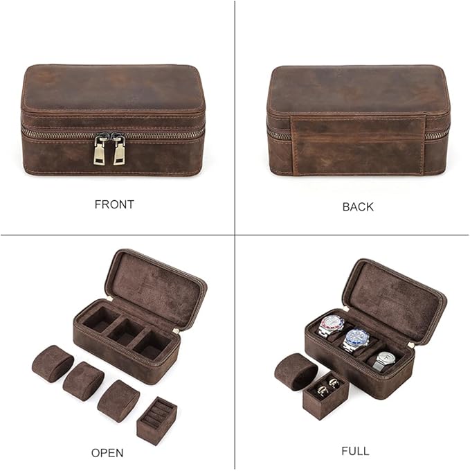 CONTACTS Watch Case Cufflinks Box for Men Small Luxury Leather Jewelry Storage Organizer for 2 Watches with Cufflinks Ring Pad