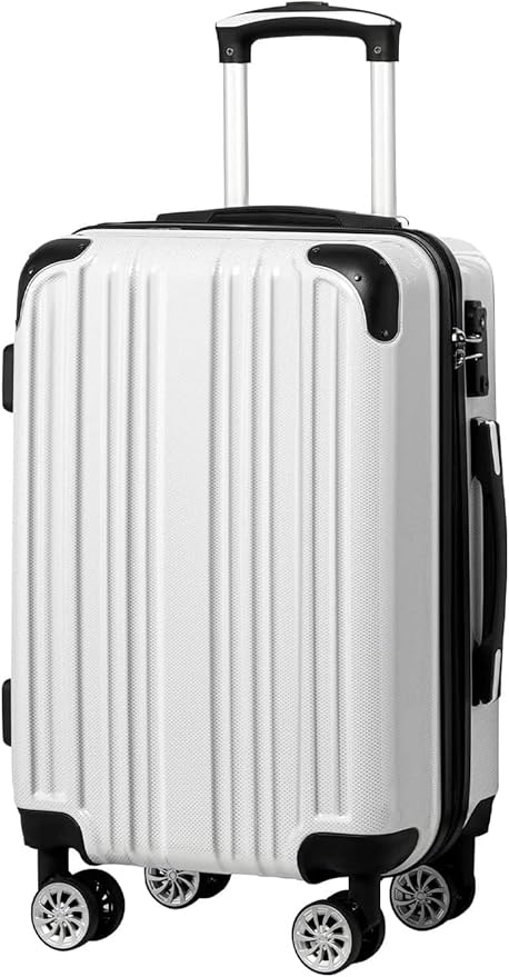 Coolife Luggage Expandable(only 28") Suitcase PC+ABS Spinner 20in 24in 28in Carry on (white grid new, M(24in))