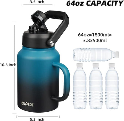 BJPKPK 64oz Insulated Water Bottle with Handle, Large Dishwasher Safe Half Gallon Water Bottle, BPA Free Water Jug, Wide Mouth Metal Flasks with Anti-slip Bottom, Keep Cold & Hot, Blue & Black