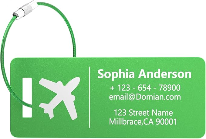 4 Personalized Metal Luggage Tags, Laser Engrave Name and Logo, Custom Aluminum Suitcase Tags with Steel Ring, for Travel, Backpack, Baggage (Green)