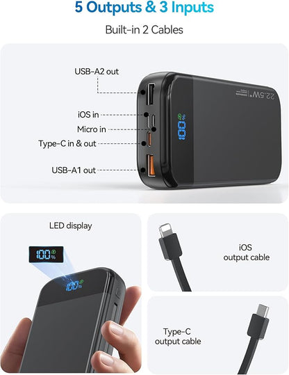 Portable Charger Power Bank Built-in Cables, 32000mAh 22.5W USB C Fast Charging, 5 Outputs 3 Inputs Travel Essentials Battery Pack Compatible with iPhone, iPad, Samsung, Google Pixel, Black