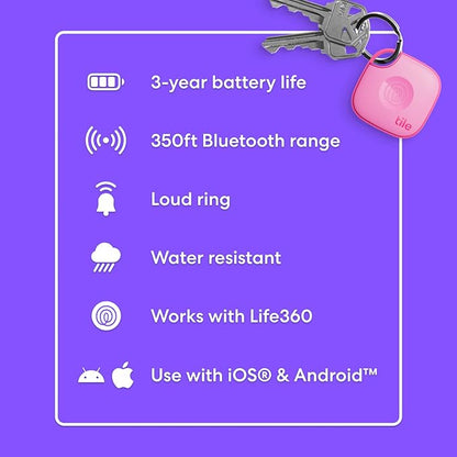 Tile by Life360 Mate - Bluetooth Tracker, Keys Finder and Item Locator for Keys, Bags and More. Phone Finder. Both iOS and Android Compatible. 1-Pack (Pink Punch)