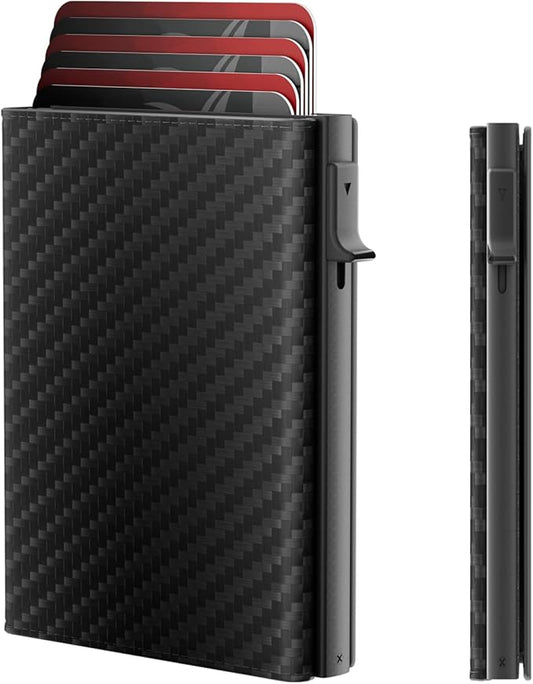 Mens Wallet Card Holder - Smart Wallet for Men, Pop Up Card Case, Top Grain Leather, RFID Blocking, Slim, Minimalist, Ultra-Thin, Front Pocket, 12 Card Capacity | ID Window | Cash Slot (Carbon Fiber)