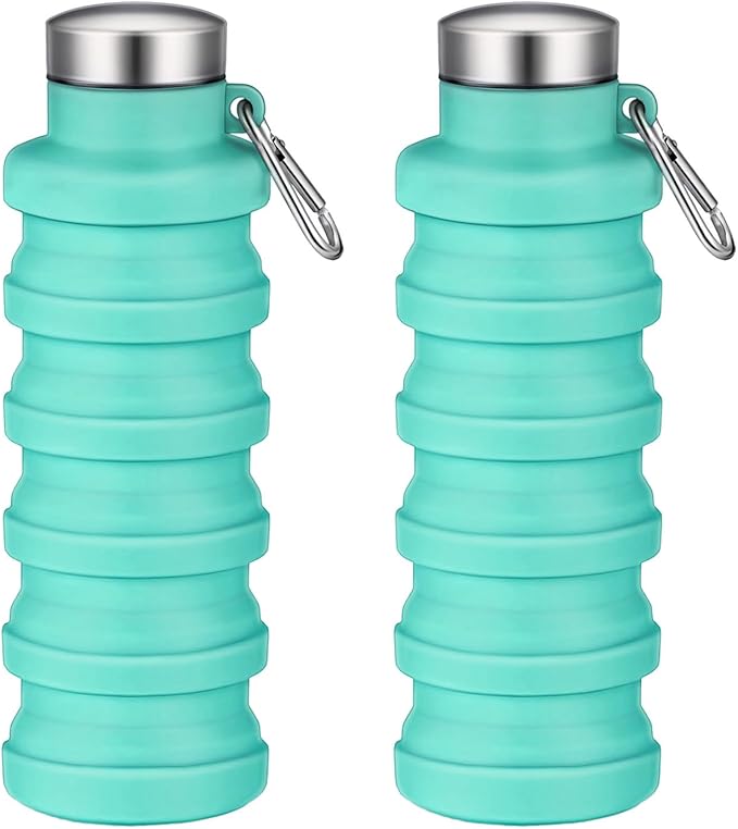 Collapsible Water Bottle,16oz Capacity Portable Reusable Silicone Water Bottle,Leak-proof,with buckle,foldable storage,Lightweight Durable for Fitness,Cycling,Sports,Camping,Hiking (Green+Green)