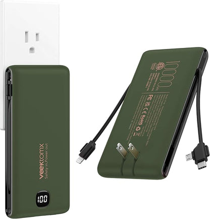 VEEKTOMX Portable Charger with Built in Cables 10000mAh, Power Bank for iPhone with Wall Plug, Travel Essential Fast Charging USB C Slim External Battery Pack for iPhone 17/16/15, Samsung, iPad, etc
