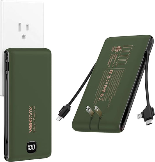 VEEKTOMX Portable Charger with Built in Cables 10000mAh, Power Bank for iPhone with Wall Plug, Travel Essential Fast Charging USB C Slim External Battery Pack for iPhone 17/16/15, Samsung, iPad, etc